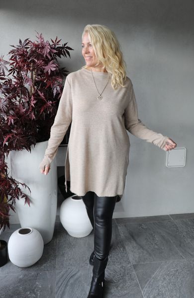 By Basics - TUNIC l/s w/high neck & slits ( 6040 ) - sand