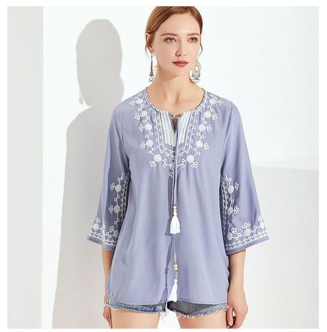 Hovedbilde ELIN BLOUSE – DUSTY BLUE/ GREY & WHITE