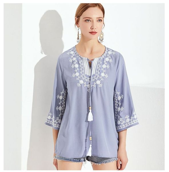 ELIN BLOUSE – DUSTY BLUE/ GREY & WHITE